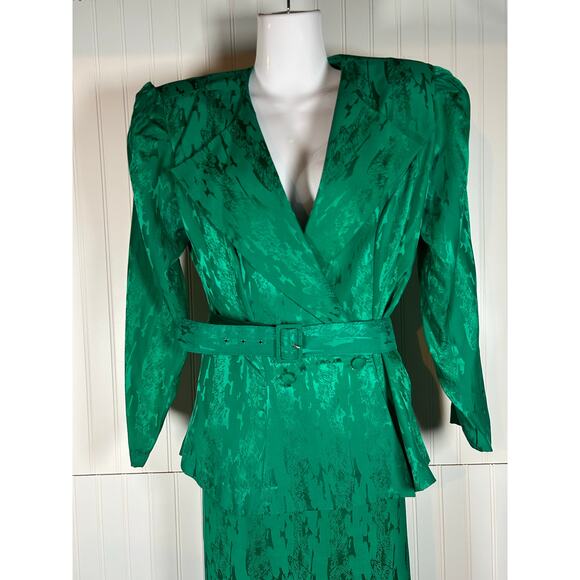 Vintage Women's Green 100% Silk double breasted 2 Piece Set skirt/jacket Sz 12 - Picture 3 of 16